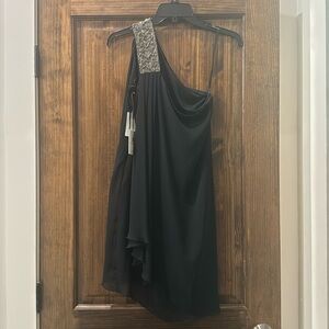 Black one shouldered beaded cocktail dress
